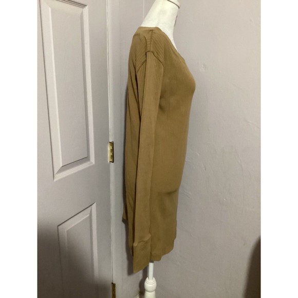 Free People Beach Walk About Stretch Mini Dress Long Sleeve Ribbed Mustard S - Picture 2 of 5